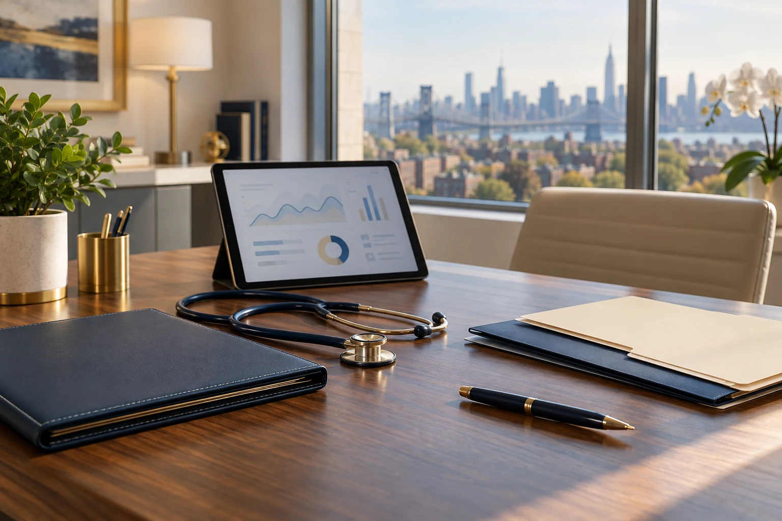 Medical review materials arranged on a desk
