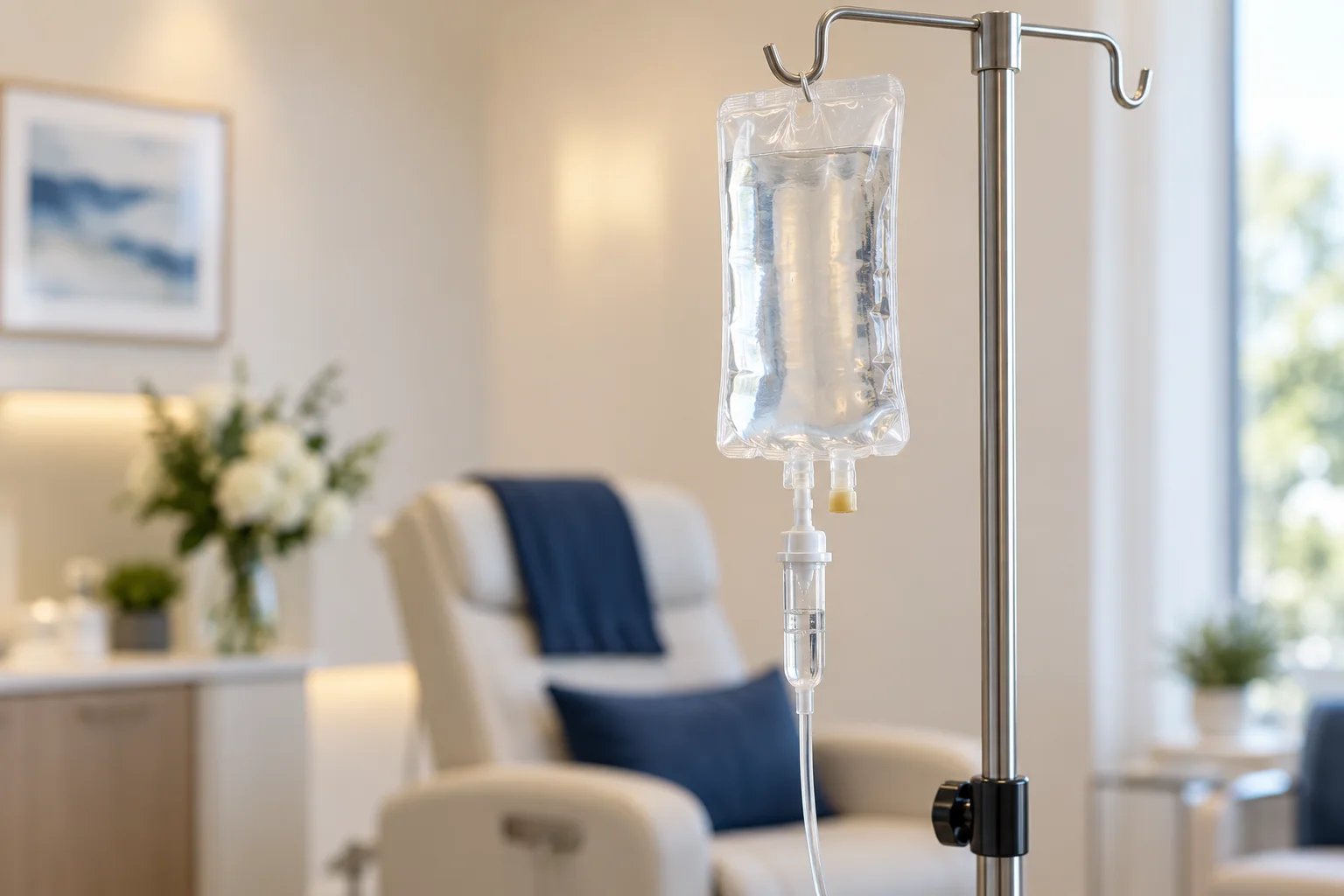 Clear IV fluid bag and drip chamber on a clinical stand
