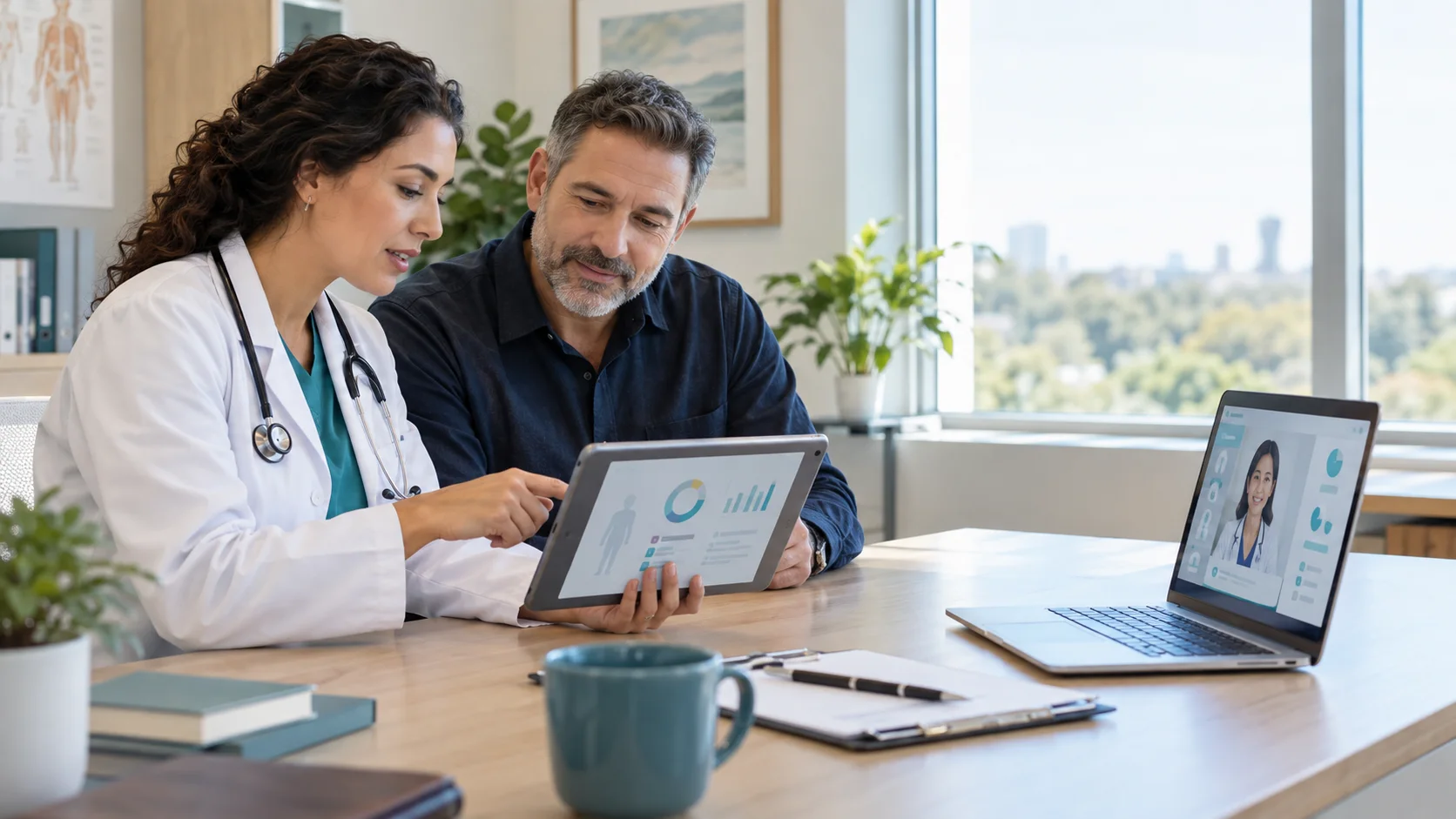 Adult patient and clinician reviewing a coordinated diagnostic care plan