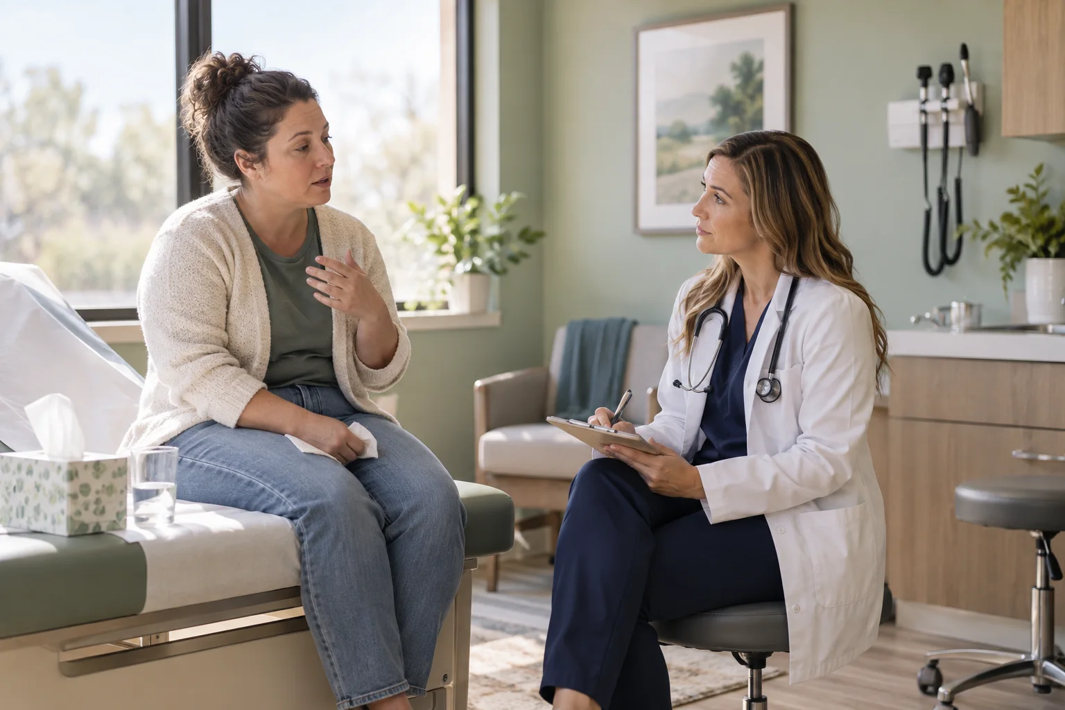 Adult patient discussing a new symptom during a calm sick visit