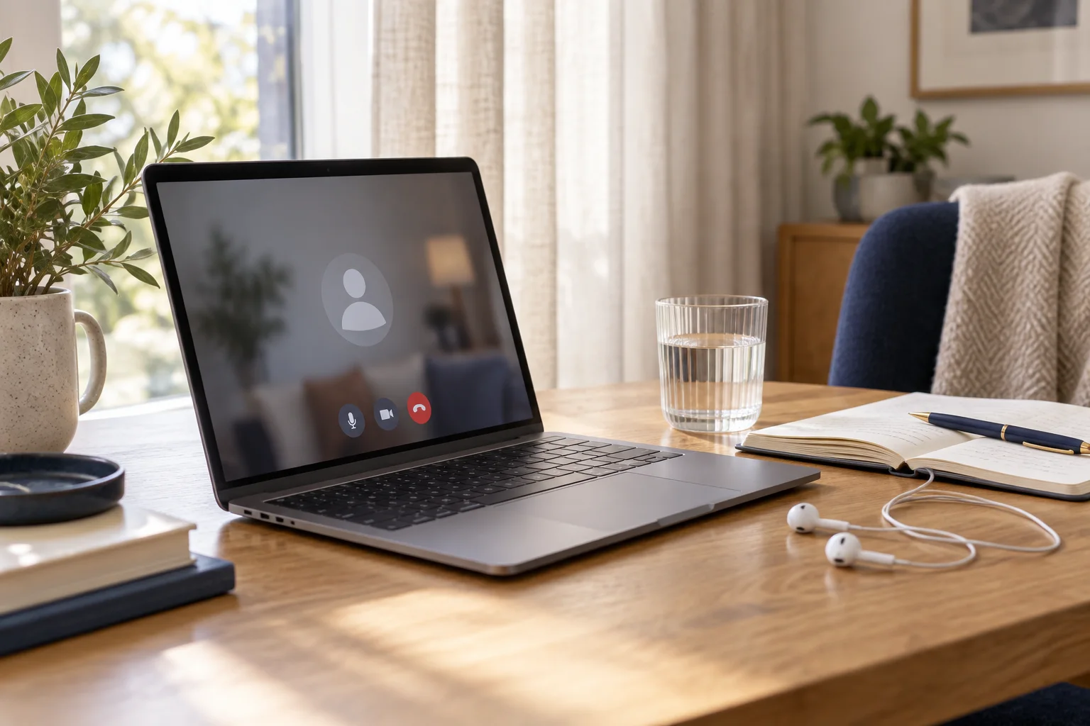 Laptop, earphones and notebook prepared for a private video visit